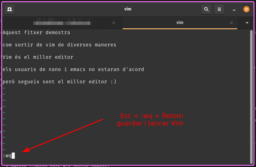 Com tancar l&rsquo;editor Vim. Esc + :wq + Retorn.